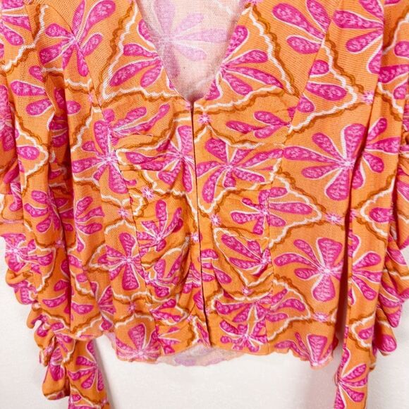 Free People Through the Meadow Orange Pink Ruched Blouse Top Large - Picture 3 of 7
